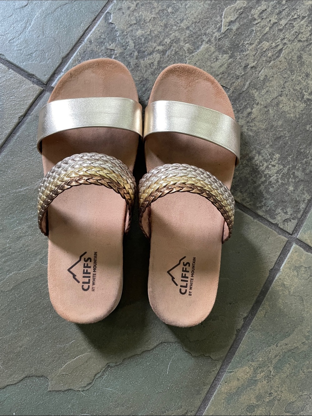 Cliffs by WHITE MOUNTAIN Metallic Gold Braided Strap Slide Sandals